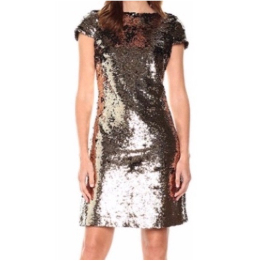 Sam Edelman Sheath Cap Sleeve Sequin Dress Black Gold Size 2 NWT